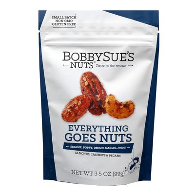 BobbySue's Nuts Everything Goes Nuts Gourmet Snack, All-Natural, Gluten Free, Low Sugar, and High Protein Nut Mix of Almonds, Cashews, Pecans, 3.5 Oz, 8 Pack