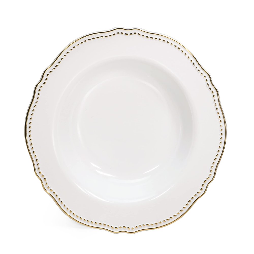 " OCCASIONS " 60 Plates Pack, Premium Heavyweight Disposable Wedding Party Plastic Bowls (10 oz Soup/Dessert Bowl, Rochelle White & Gold)