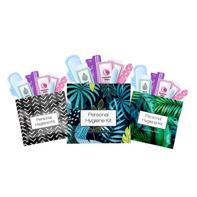 3 x Menstrual All-in-One Kits - Assorted Colors | Convenience on The Go | Single Period Kit Packs | Individually Wrapped Feminine Hygiene Products (Black Treads/Blue Forest/Green Ferns)