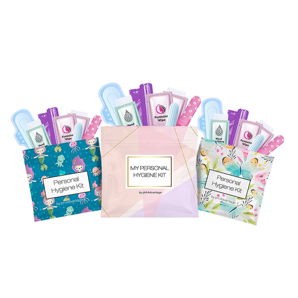 3 x Menstrual All-in-One Kits - Assorted Colors | Convenience on The Go | Single Period Kit Packs | Individually Wrapped Feminine Hygiene Products (Under The Sea/Light Rose/Butterflies)