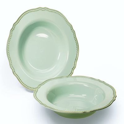 " OCCASIONS " 60 Plates Pack, Premium Heavyweight Disposable Wedding Party Plastic Bowls (10 oz Soup/Dessert Bowl, Rochelle Seafoam/Mint & Gold)