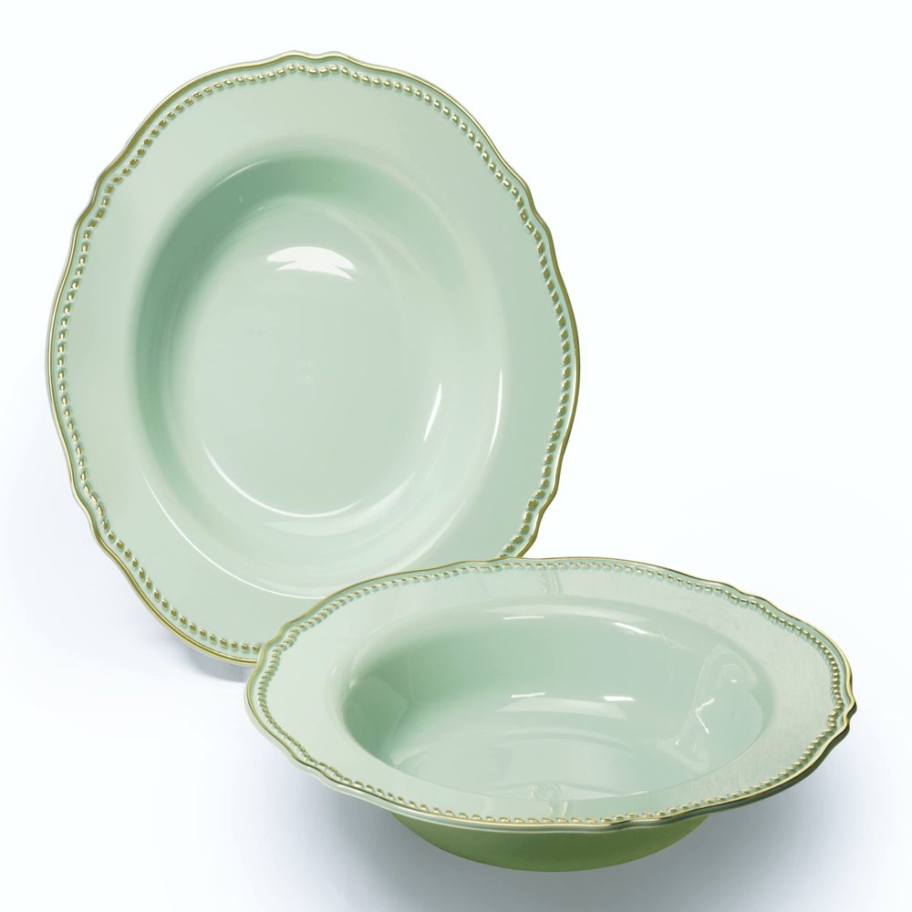 " OCCASIONS " 60 Plates Pack, Premium Heavyweight Disposable Wedding Party Plastic Bowls (10 oz Soup/Dessert Bowl, Rochelle Seafoam/Mint & Gold)