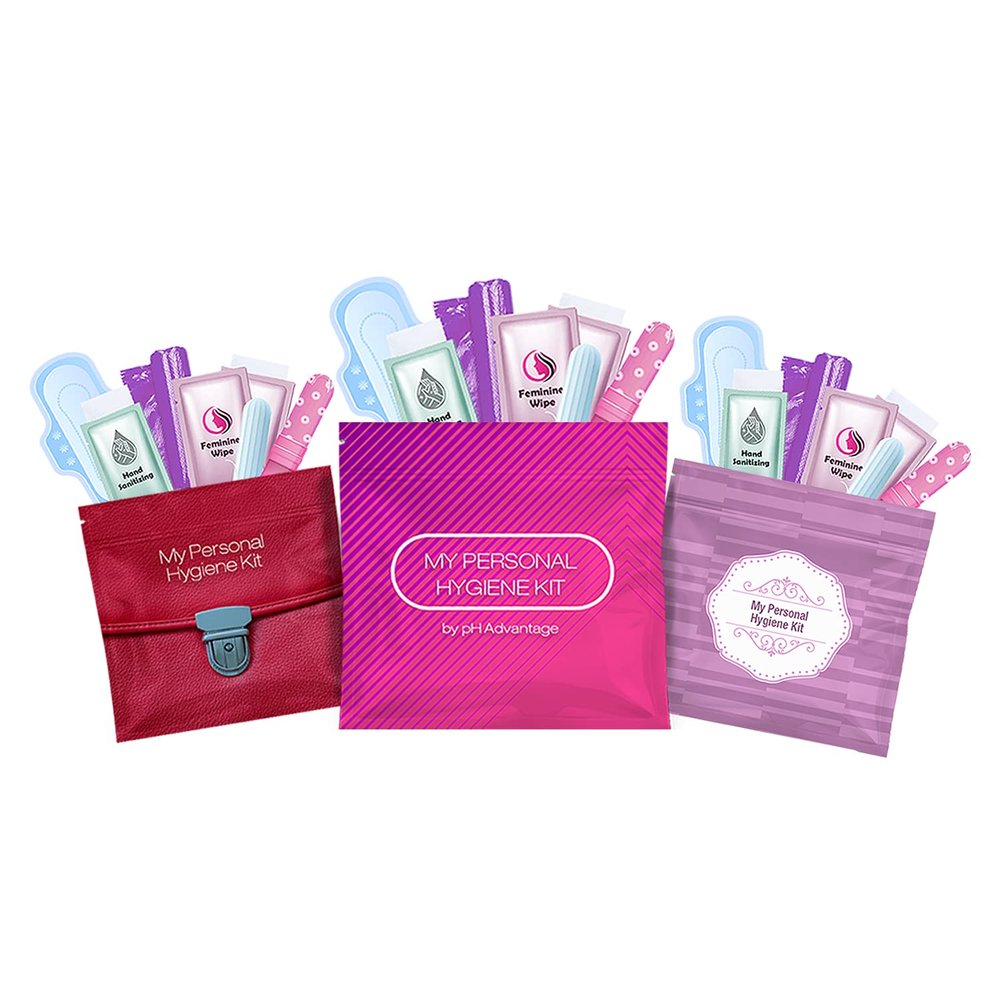 3 x Menstrual All-in-One Kits - Assorted Colors | Convenience on The Go | Single Period Kit Packs | Individually Wrapped Feminine Hygiene Products (Red Purse/Pink/Purple)