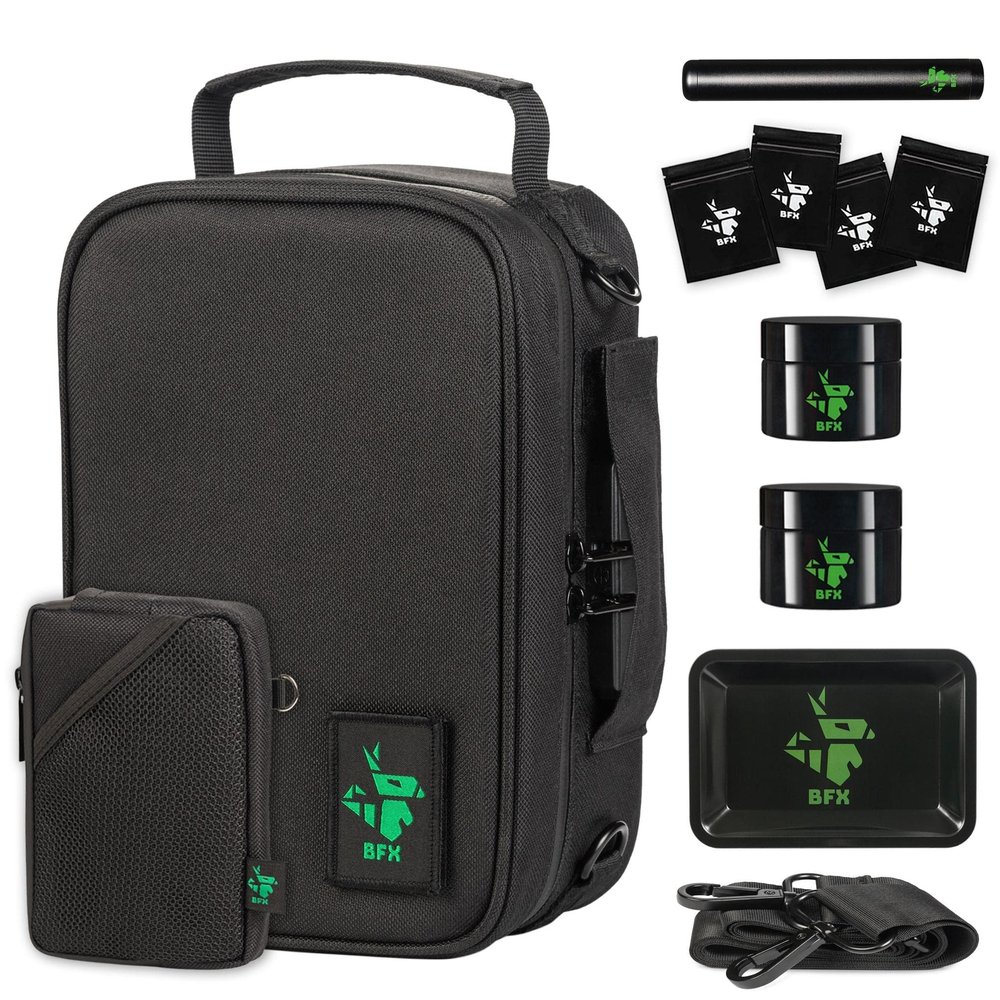 BFX Odor Proof Bag Set - w/Lock, 2 Smell and Odor Proof Bag, Smell Absorbing Bag Odorless Scent Proof Box, Smell Free Proof Pouch Rolling Tray Set Air Tight Tube Airtight Jar 4 Mylar Bags