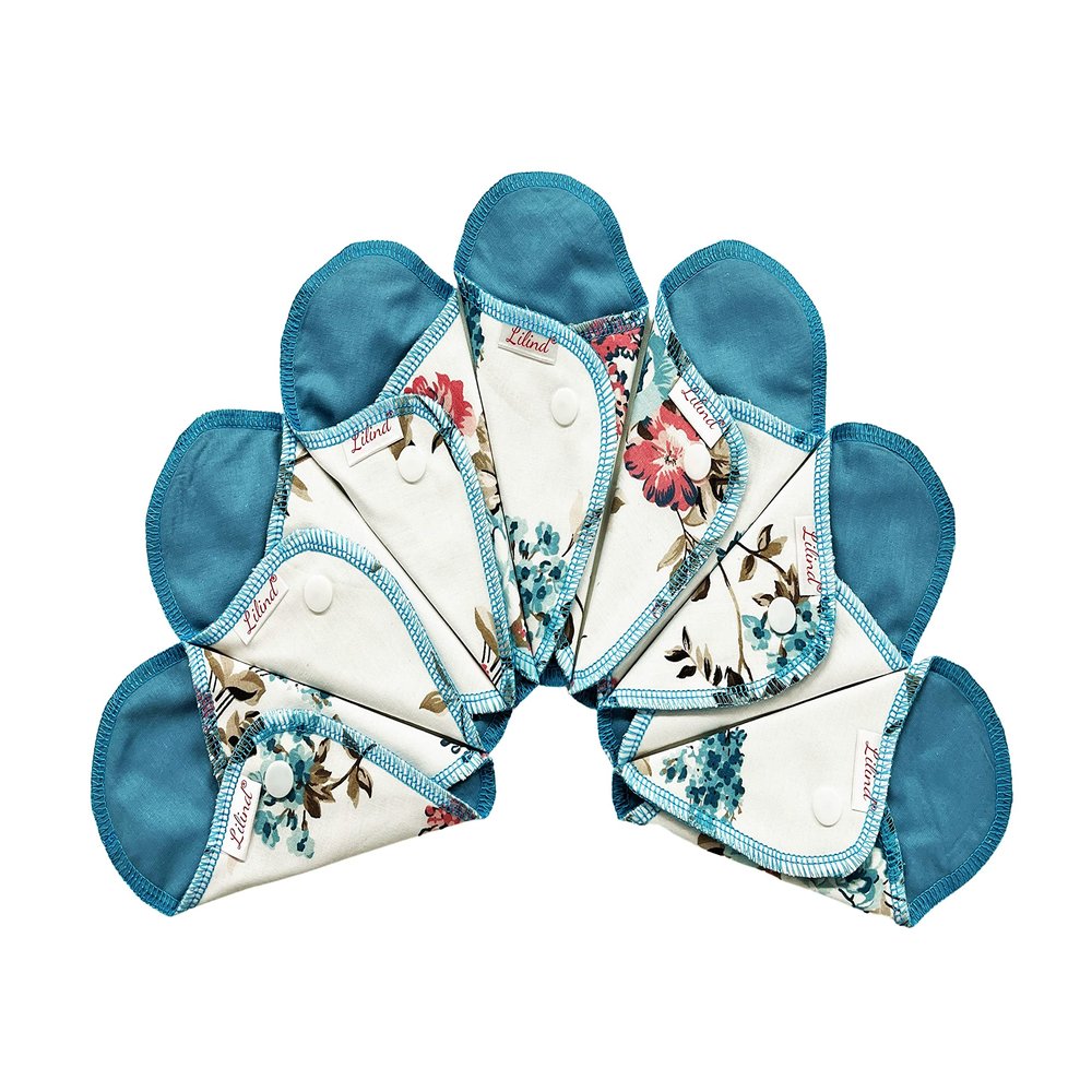 Lilind 7 Pack Thong Pantyliners on Blue Flowers, Reusable Organic Cloth, Washable Menstrual Pads, Zero Waste 100% Cotton