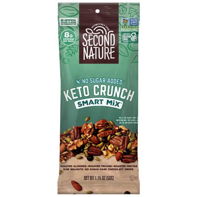Second Nature Keto Crunch Smart Snack Mix, 1.75 oz Individual Packs (Pack of 12) - Keto Gluten Free Snack - No Sugar Added Dark Chocolaty Drops and Nut Trail Mix, Ideal for Travel