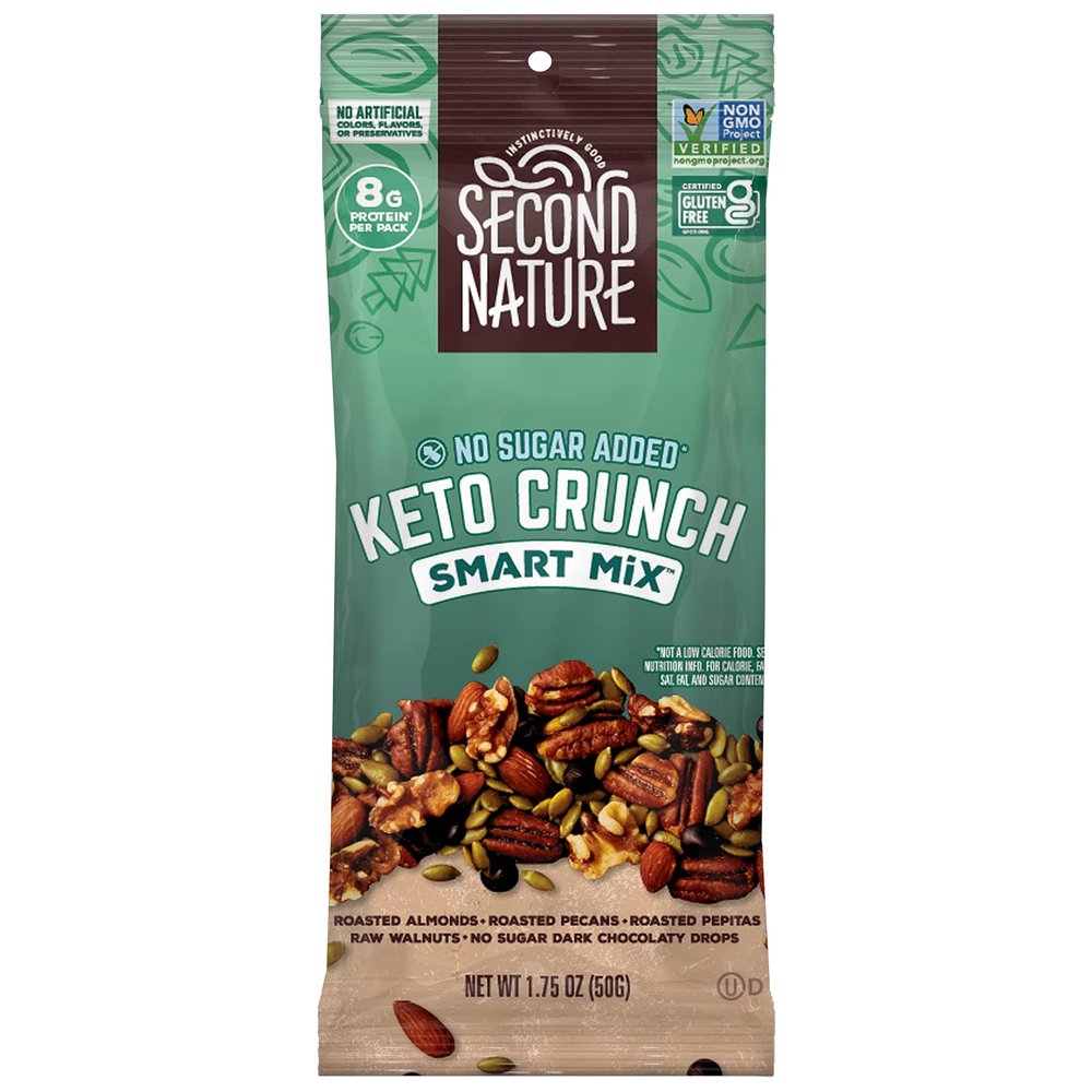 Second Nature Keto Crunch Smart Snack Mix, 1.75 oz Individual Packs (Pack of 12) - Keto Gluten Free Snack - No Sugar Added Dark Chocolaty Drops and Nut Trail Mix, Ideal for Travel