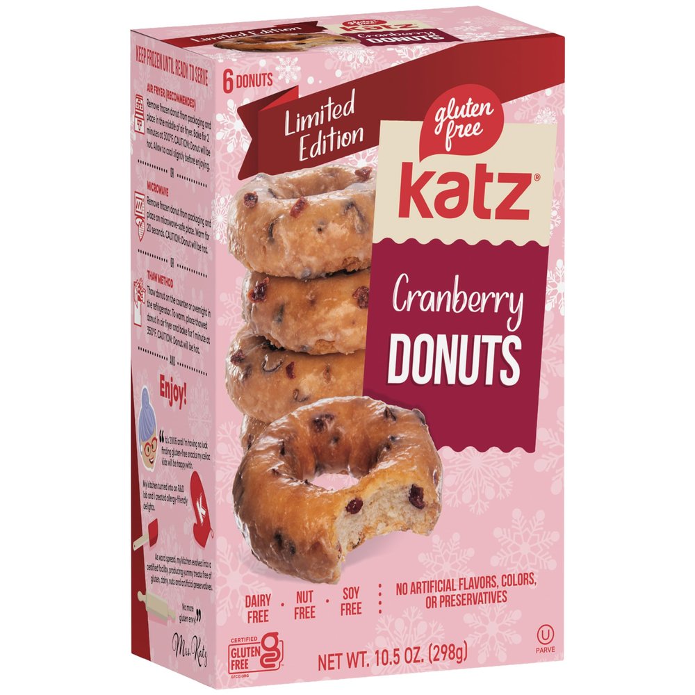 Katz Gluten Free Cranberry Donuts. Limited Edition, Free of Soy, Sesame, Dairy, and Nuts. Kosher 10.5oz (1pk)