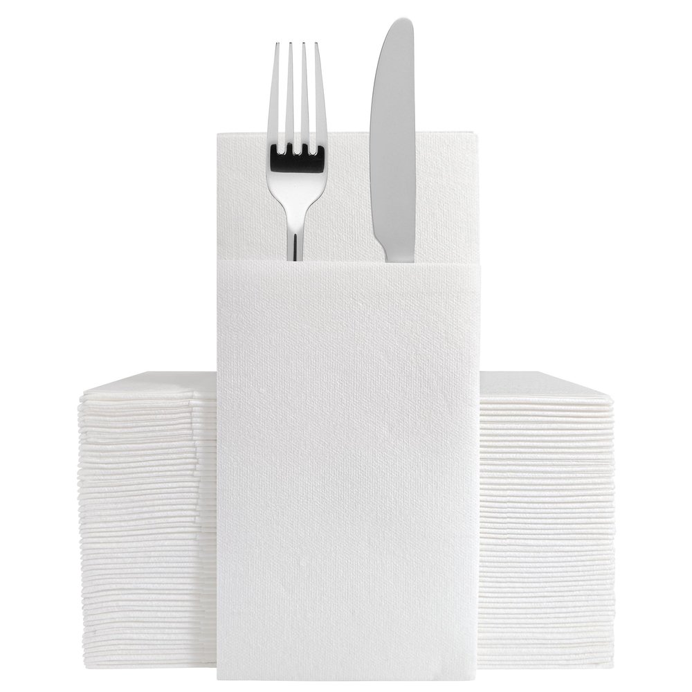 50-Pack White Cloth-Like Disposable Napkins - Linen Feel Dinner Napkins with Flatware Pocket for Weddings, Parties & Holidays