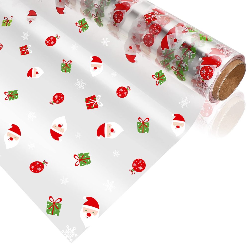Christmas Cellophane Wrap Roll Santa Claus Pattern Wrappings 2. 5 Mil Thick Crystal Clear Cellophane Wrapping Paper for Baskets, , Flowers, Treats, Food, Crafts (3000x40cm)