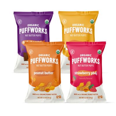 Puffworks Four Flavor Variety Pack Organic Peanut Butter Puffs (Original, PBJ, Dark Chocolate, Honey), Plant-Based Protein Snack, Gluten-Free, Kosher 1.2oz Ounce (Pack of 12)
