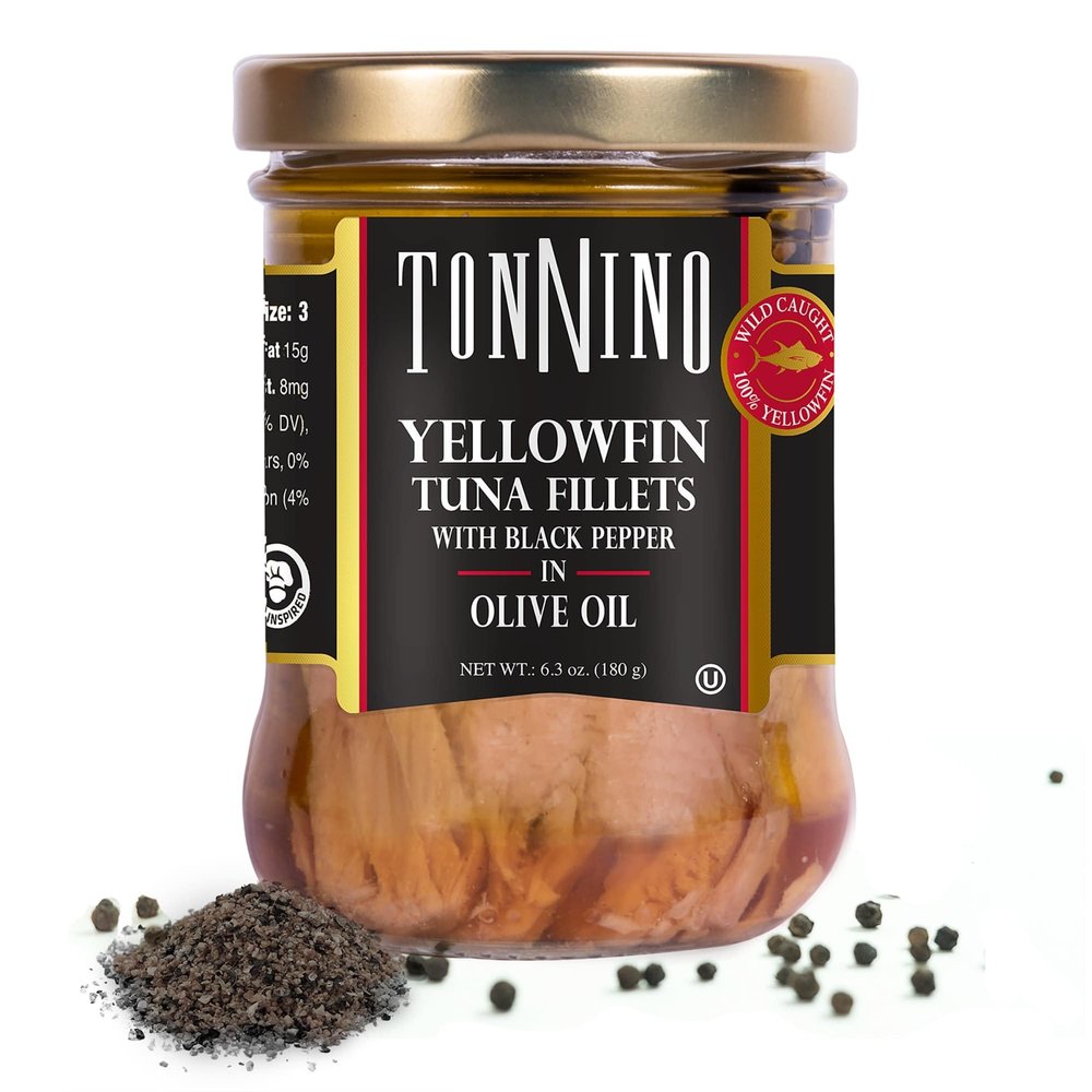 Tonnino Yellowfin Tuna Fish Pack of 6, Black Pepper in Olive Oil Pack of 6 Alternative to Salmon Protein Snacks Ready to Eat Meals