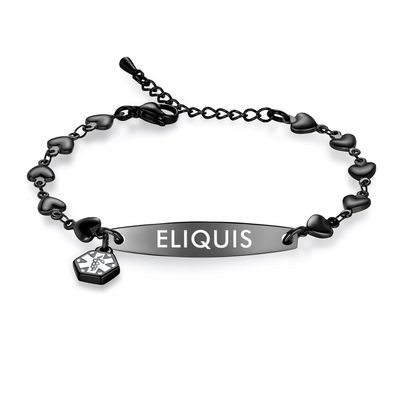 mnmoom medical alert bracelets for women 6.5-8 inch adjustable heart links medical bracelets with engraved eliquis-Black