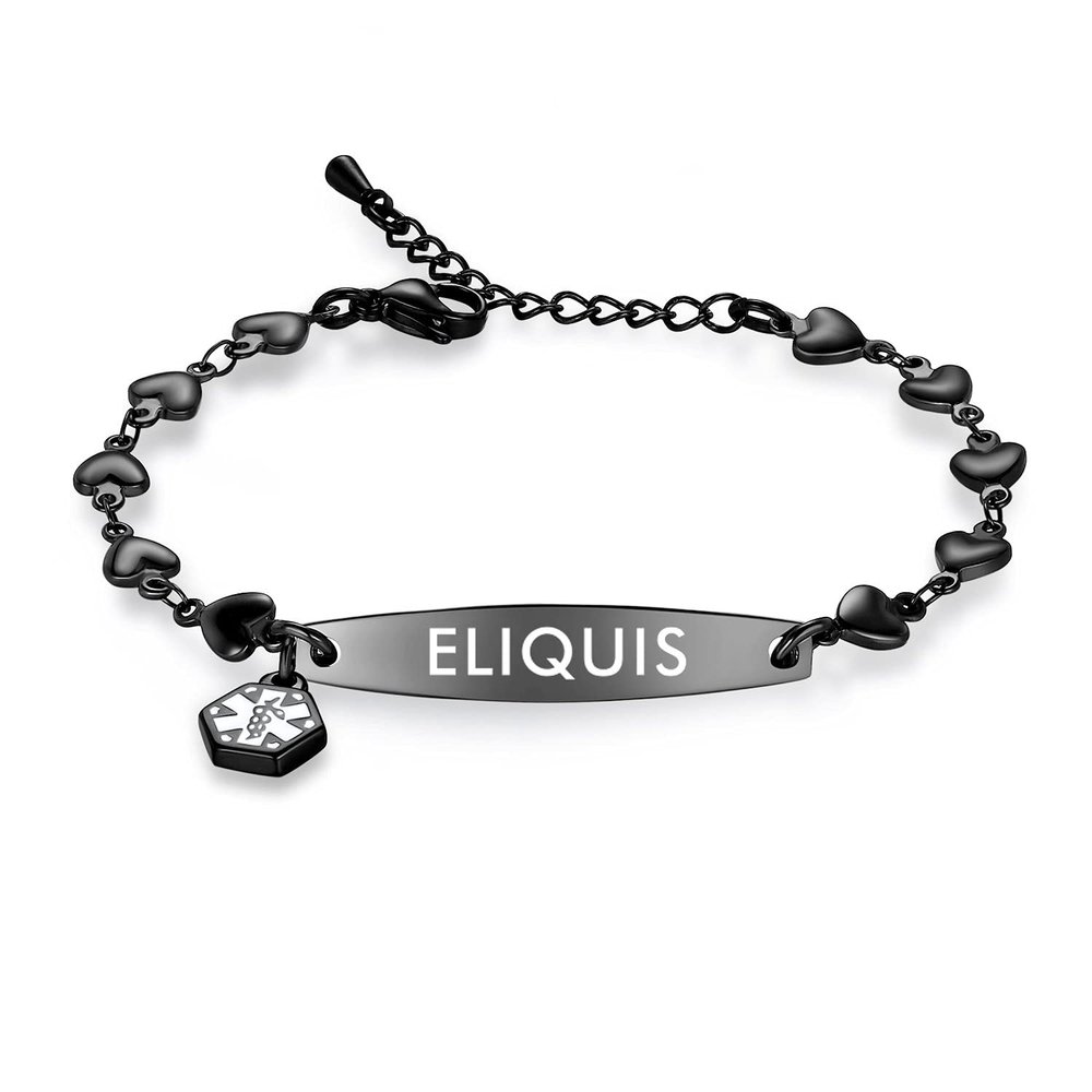 mnmoom medical alert bracelets for women 6.5-8 inch adjustable heart links medical bracelets with engraved eliquis-Black