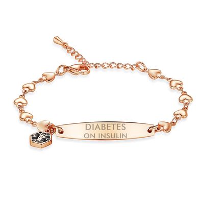 mnmoom medical alert bracelets for women 6.5-8 inch adjustable heart links medical bracelets with engraved diabetes on insulin-Rose gold