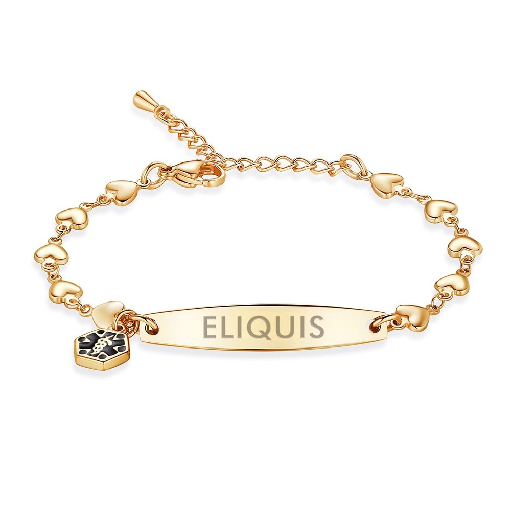 mnmoom medical alert bracelets for women 6.5-8 inch adjustable heart links medical bracelets with engraved eliquis-Gold