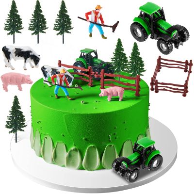 12 Pieces Tractor Cake Topper Set with Tree Farmer Fences Mini Barn Animal Figurines for Farm Animal Theme Party Birthday Party Decorations