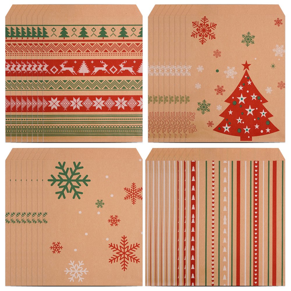 100 Pieces Christmas Kraft Treat Bags Holiday Goody Buffet Paper Bags for Xmas Party Supplies,4 Styles
