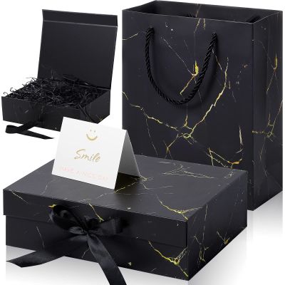Zonon Black Marbling Valentine Day Luxury Gift Box with Lid and Ribbon 9 x 7 x 3'' Gift Bag with Greeting Card Tissue Paper for Valentine Day Decoration Wedding Birthday Party Favor Present Supplies