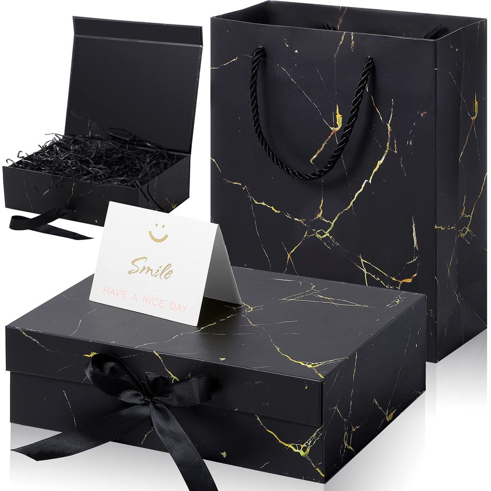 Zonon Black Marbling Valentine Day Luxury Gift Box with Lid and Ribbon 9 x 7 x 3'' Gift Bag with Greeting Card Tissue Paper for Valentine Day Decoration Wedding Birthday Party Favor Present Supplies