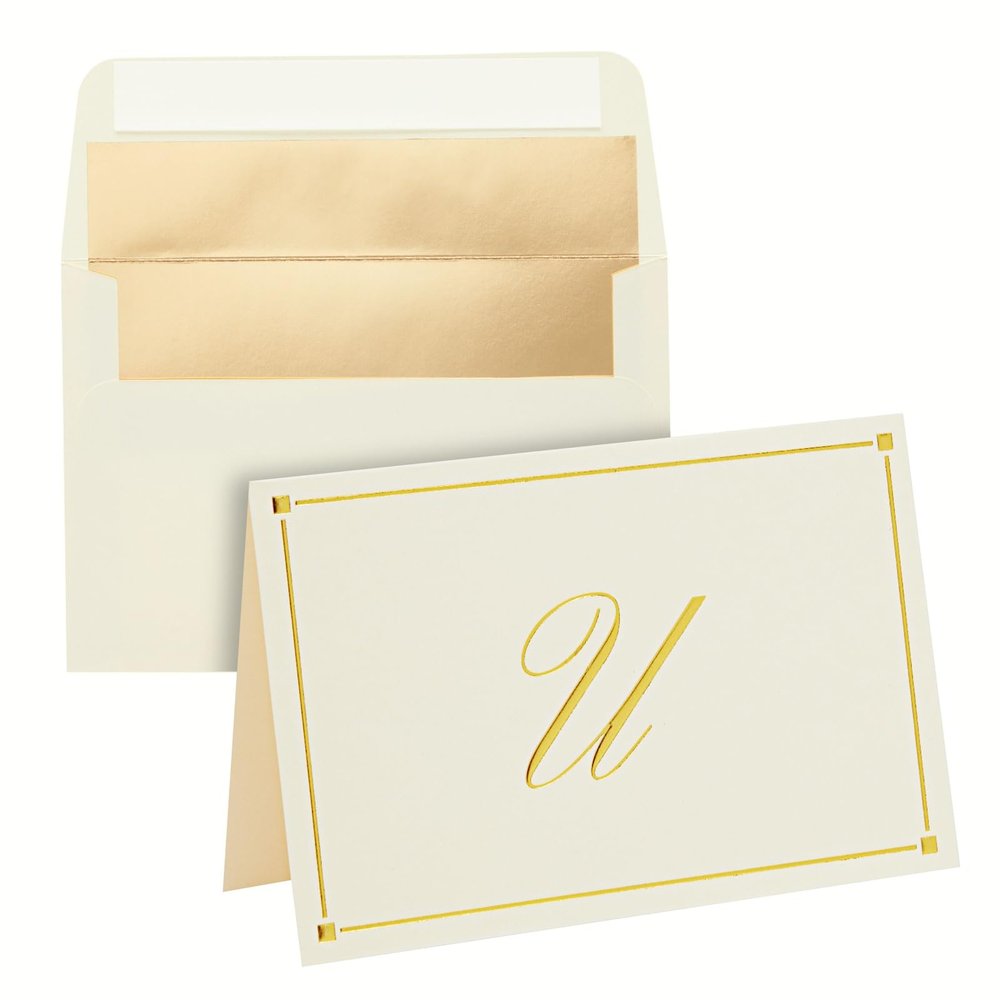 Pipilo Press Envelope Set - 4 x 6 in Ivory, Letter U Monogram, Pack of 24 - Personalized Gold Foil Note Cards & Matching Envelopes - 250 GSM Paper Stationery