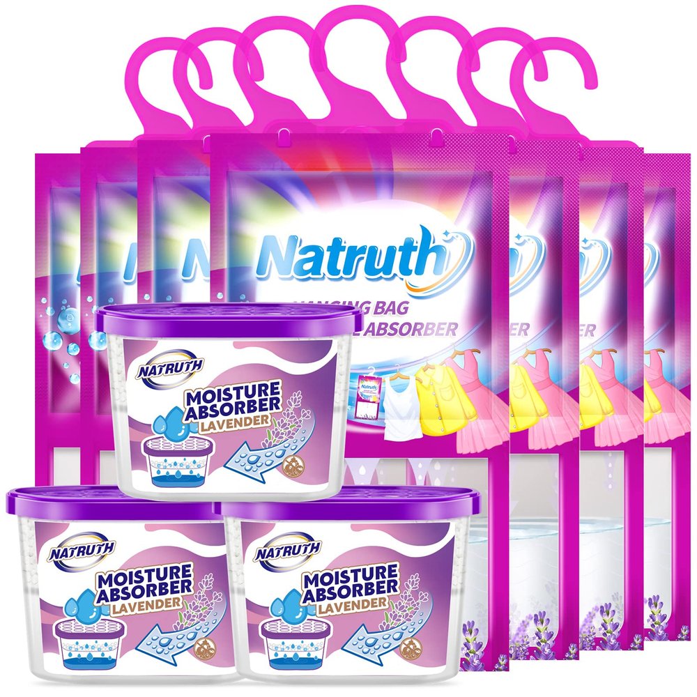 NATRUTH Moisture Absorber 7 HangingPackets9.8oz*7+ 3 Portable Boxs (10.5oz*3), Dehumidifiers with Lavender, Desiccant Hanging Bag Use for Kitchen Bathroom Wardrobe, Eliminates Odors, Odor Absorber