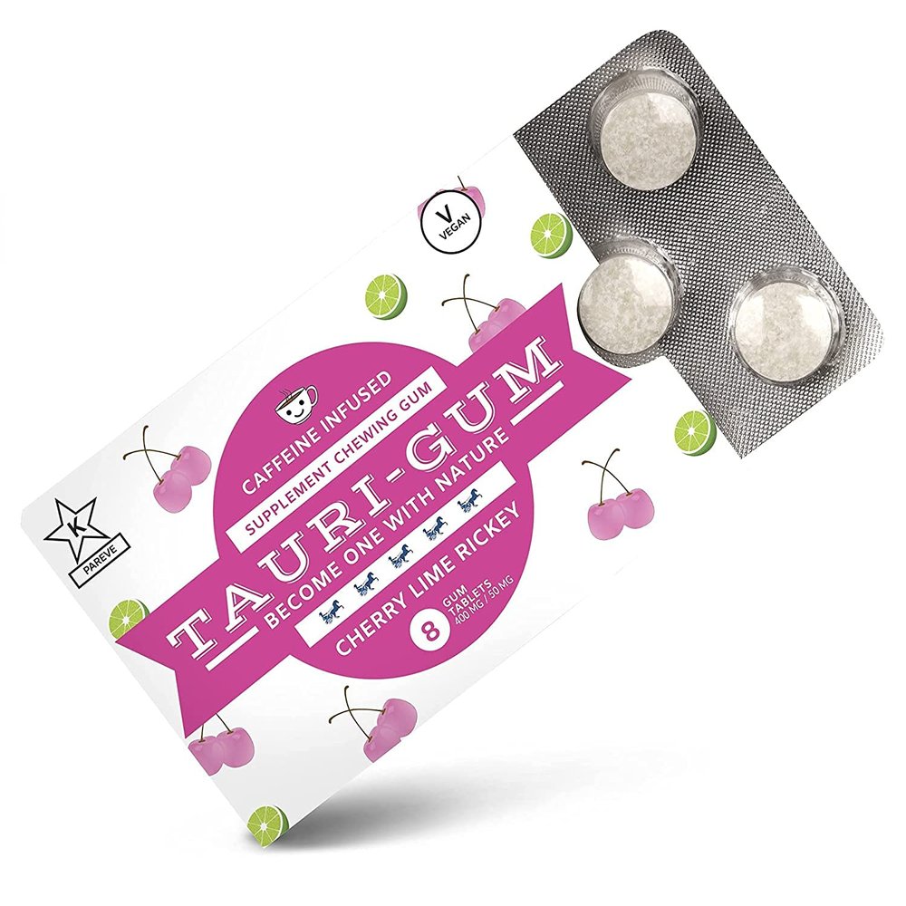 10 Pack of Taurigum Caffeine Chewing Gum - 50 MG Per Piece - Cherry Lime Rickey Flavor - Increase Energy, Awake & Focused Non-GMO, Vegan, Kosher Certified