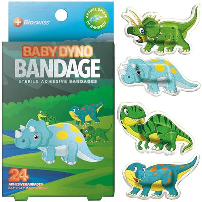 BioSwiss Bandages, Dino Shaped Self Adhesive Bandage Set, Latex Free, Sterile Wound Care, 24 Count