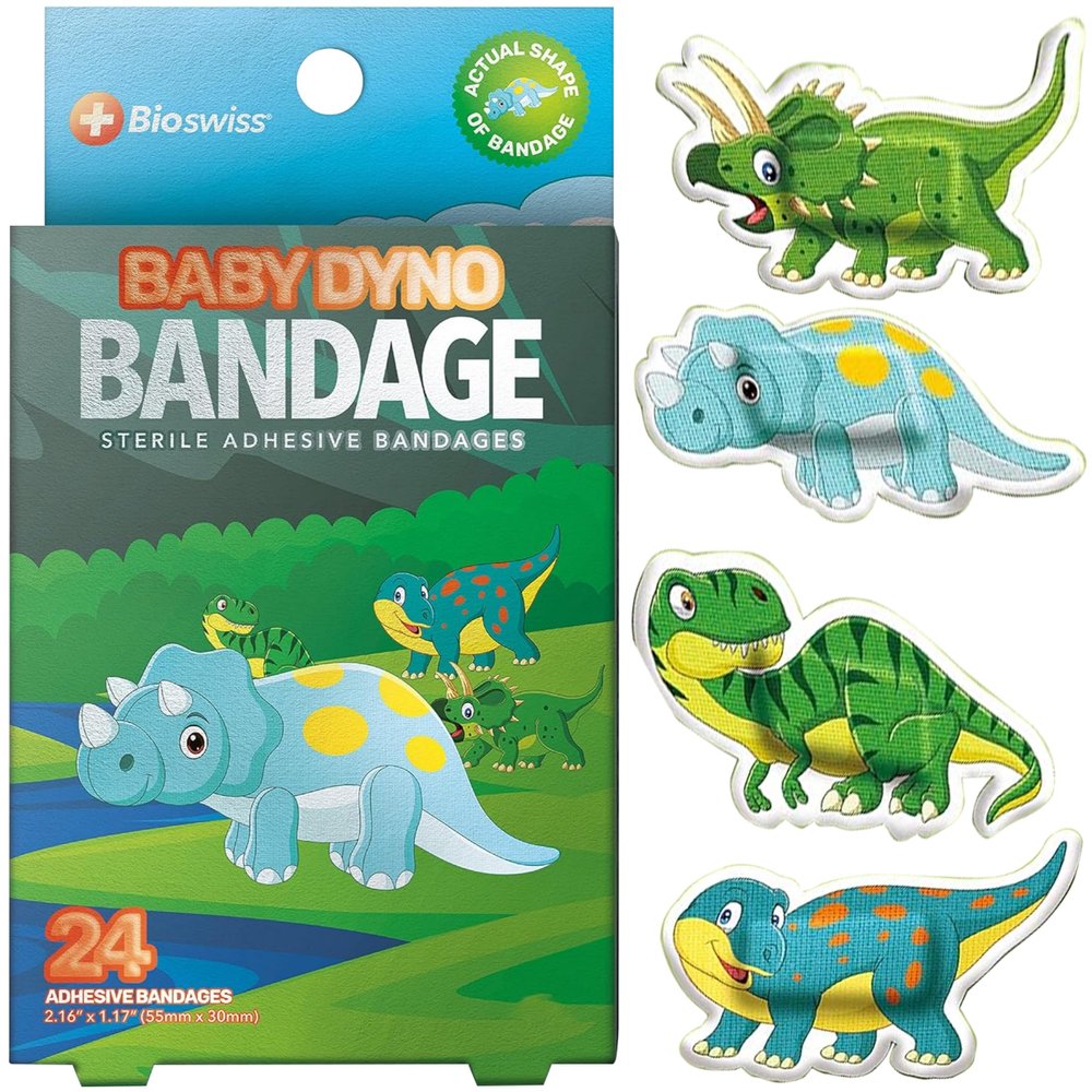 BioSwiss Bandages, Dino Shaped Self Adhesive Bandage Set, Latex Free, Sterile Wound Care, 24 Count