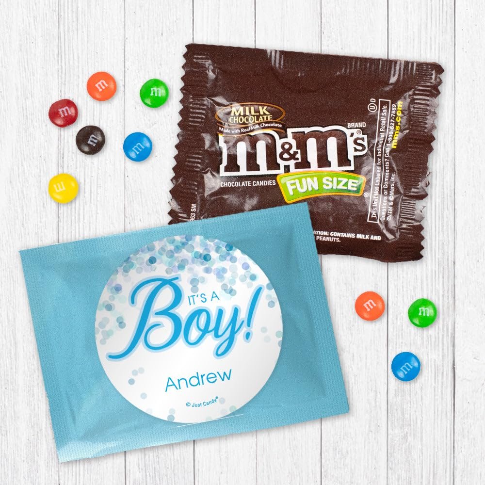 12ct Personalized It's a Boy Baby Shower Candy Favors Fun Size Bags (12 Pack) - Blue Foil - Fully Assembled (3x4 in) Baby Boy Birth Announcement Favor for Guests