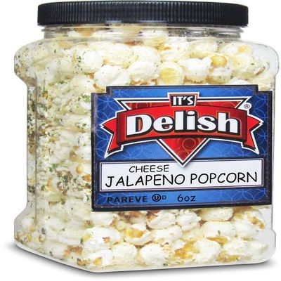 Gourmet Jalapeno Popcorn by It's Delish, Bulk 6 Oz Jumbo Container (Jar) | Vegan Jalapeo Cheese Flavored Popcorn | Air Popped Pop Corn Healthy Snacks for Movie Night Snack, Party | Gluten Free, Non-Dairy, Kosher