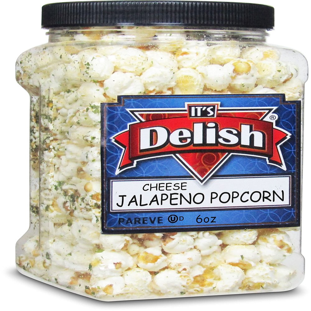 Gourmet Jalapeno Popcorn by It's Delish, Bulk 6 Oz Jumbo Container (Jar) | Vegan Jalapeo Cheese Flavored Popcorn | Air Popped Pop Corn Healthy Snacks for Movie Night Snack, Party | Gluten Free, Non-Dairy, Kosher