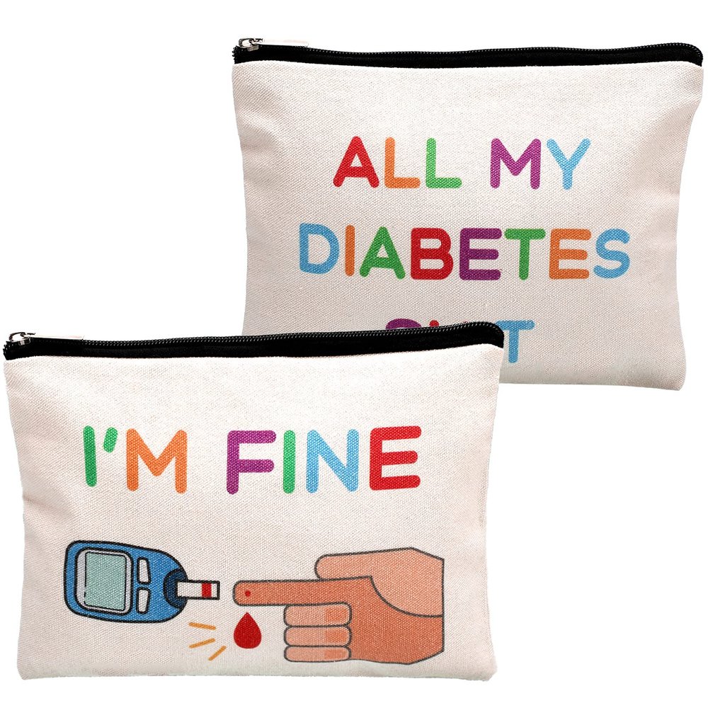 2 Pieces Diabetic Supplies All My Diabetes Funny Organizer Travel Bag Canvas Bag Diabetic Emergency Canvas Bag Toiletry Make up Zipper Pouch Case for Women Grandma Grandpa Mom Dad Christmas Presents