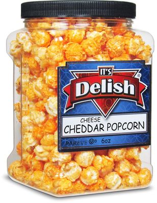Gourmet Cheddar Cheese Popcorn by It's Delish, 6 Oz Jumbo-Sized Reusable Container (Jar) Festive Caramel Corn Air Popped Sweet and Crunchy Glazed Carmel Corn Snack, Movie Night, Parties, Events - Gluten Free, Vegan, Kosher