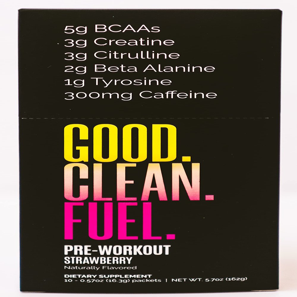 Good Clean Fuel Pre-Workout | Caffeine | BCAAs | Beta Alanine | Creatine | Tyrosine | Citrulline | No Sugar or Artificial Sweeteners | Strawberry Flavor | 10 Stick Packs