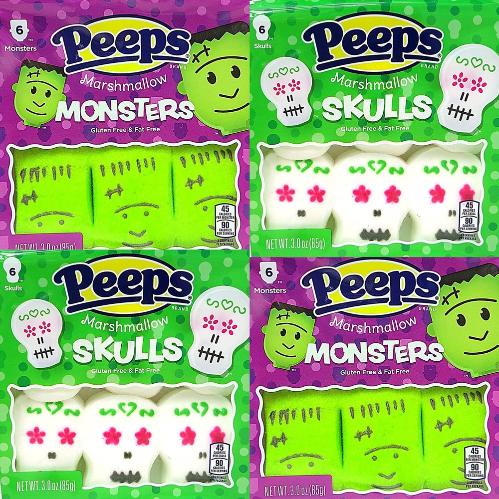 Halloween Skull and Monsters Marshmallow Candy Fun Shaped Marshmallows, Green Frankenstein Monster Candies and White Sugar Skulls, 6 Count, Pack of 4