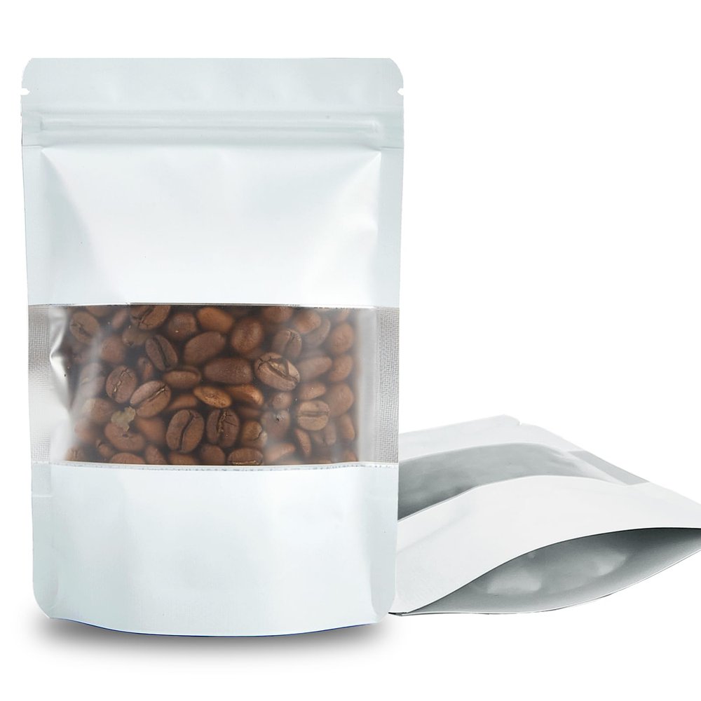 100 Pieces Resealable Mylar Bags, Stand Up Smell Proof Bags with Matte Window, Zipper Lock Foil Pouch Packaging (White, 5.5 X 7.8 Inch)