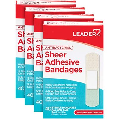 Leader Sterile Sheer Adhesive Bandages, Latex Free, Blends with Skin, Helps Prevent Infection, Comfortable Protection for First Aid and Wound Care (3/4" x 3", 160 Count)