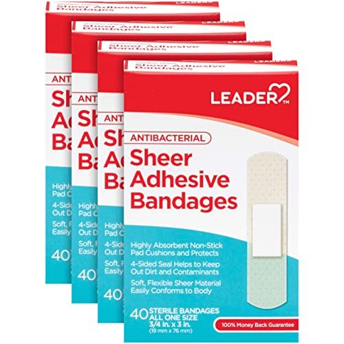 Leader Sterile Sheer Adhesive Bandages, Latex Free, Blends with Skin, Helps Prevent Infection, Comfortable Protection for First Aid and Wound Care (3/4" x 3", 160 Count)