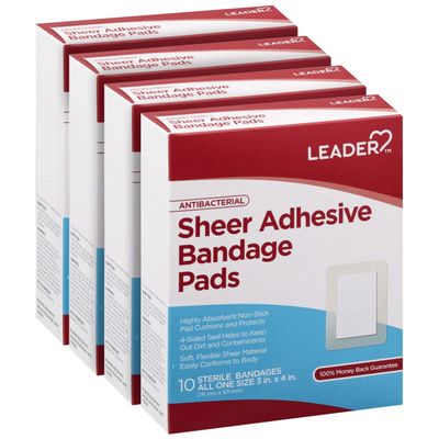 Leader Sheer Adhesive Bandage Pads, Packs ofBlends with Skin, Highly Absorbent Non-Stick Pad, for First aid and Wound Care Protection, Compare to Band-Aid, All one Size 3/4" x 4", 40 ct.