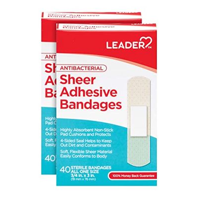 Leader Sterile Sheer Adhesive Bandages, Latex Free, Blends with Skin, Helps Prevent Infection, Comfortable Protection for First Aid and Wound Care (3/4" x 3", 80 Count)