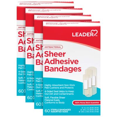 LEADER Sheer Adhesive Bandages, Antibacterial, Sterile, Highly Absorbent Non-Stick Pad Cushions & protects, First Aid Protection & Wound Care, Assorted Sizes, Compare to Band-Aid, 240 count, Pack of 4