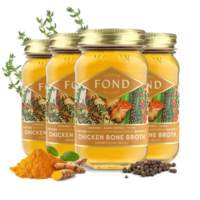 FOND Regenerative Pasture-Raised Chicken Bone Broth Infused with Organic Turmeric & Black Pepper  Slow-Simmered Chicken Broth for Rich Flavor, Nutrient-Dense, Artisan Quality  14 oz (4-Pack)