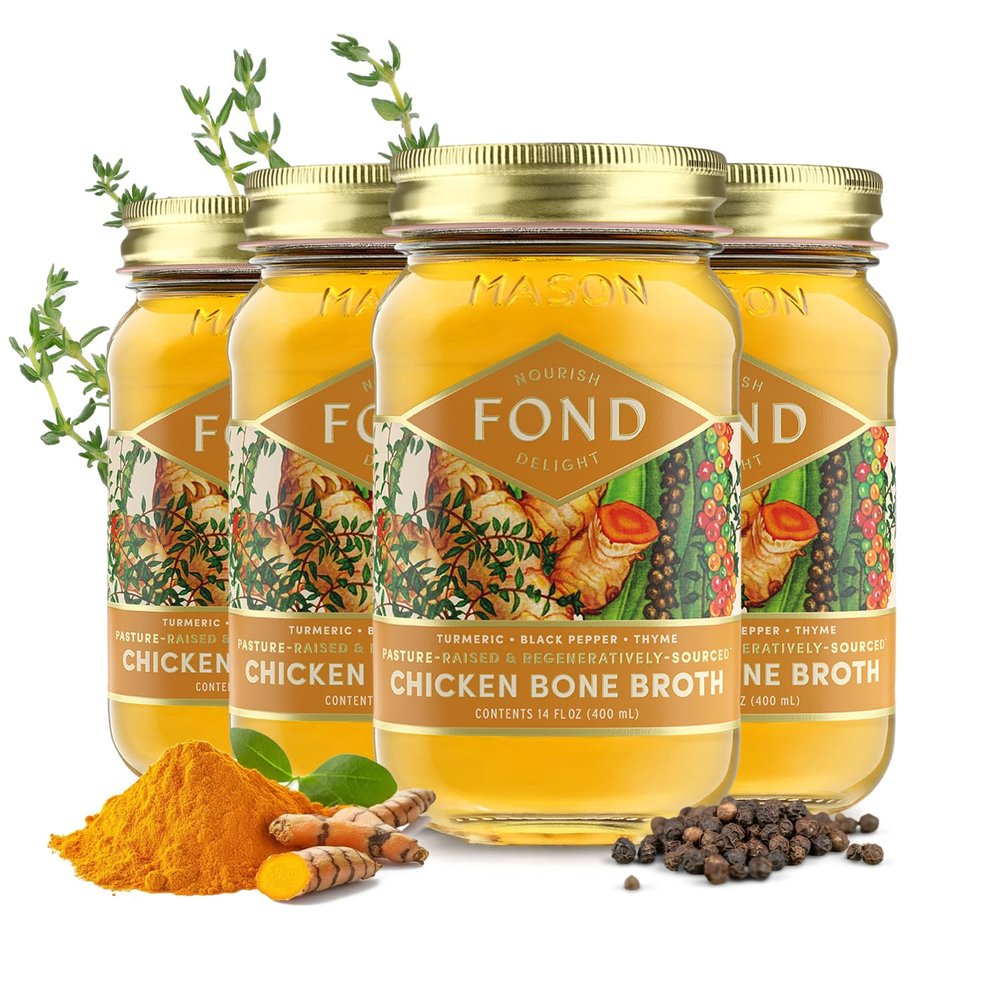 FOND Regenerative Pasture-Raised Chicken Bone Broth Infused with Organic Turmeric & Black Pepper  Slow-Simmered Chicken Broth for Rich Flavor, Nutrient-Dense, Artisan Quality  14 oz (4-Pack)