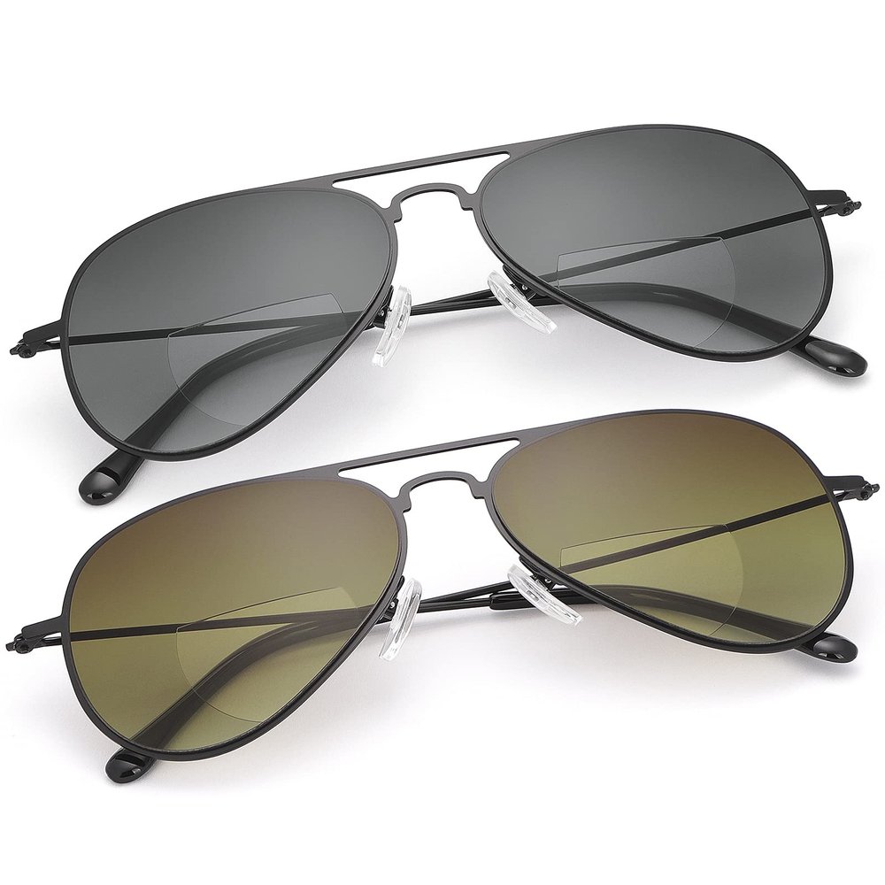 2 Pairs Aviator Bifocal Reading Sunglasses UV400 Protection Sport Sun Readers Blue Light Blocking Glasses for Unisex Men Women Outdoor Driving Safety Eyeglasses Tinted Lens Shades Lightweight Eyewear