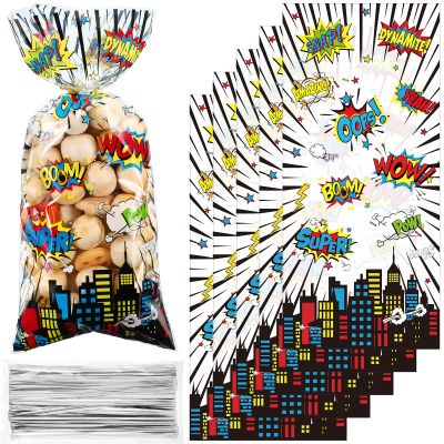 100 Pcs Cellophane Treat Bags Party Gift Candy Goodie Favor Bags with 100 Silver Twist Ties for Gift Wrapping Children Birthday Party Baby Shower Decor
