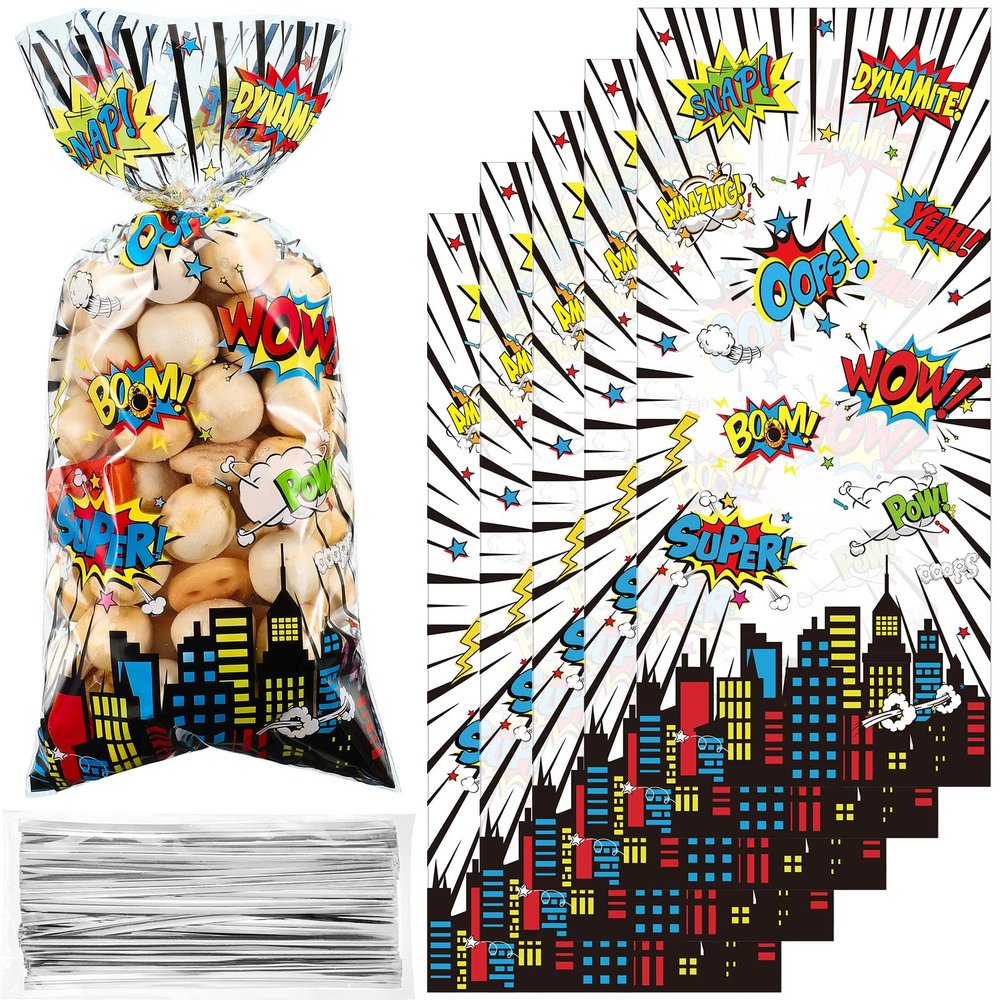 100 Pcs Cellophane Treat Bags Party Gift Candy Goodie Favor Bags with 100 Silver Twist Ties for Gift Wrapping Children Birthday Party Baby Shower Decor