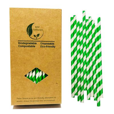 100 Pack Green And White Paper Drinking Straws, 7.75 Inches Green Striped Drinking Straw Cake Pop Stick