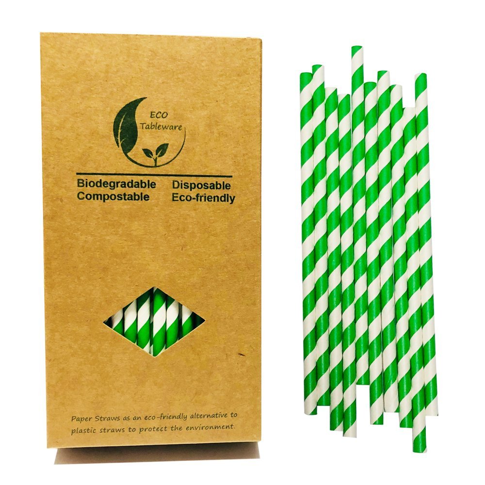 100 Pack Green And White Paper Drinking Straws, 7.75 Inches Green Striped Drinking Straw Cake Pop Stick