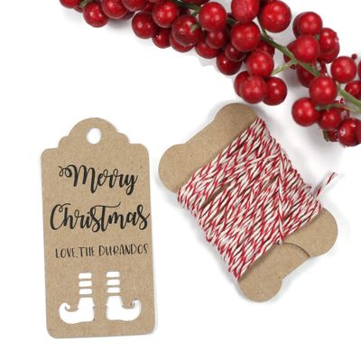 Personalized Merry Christmas Tags - Happy Holiday Favor Tags with Reindeer - 12pc (Elf Shoes)